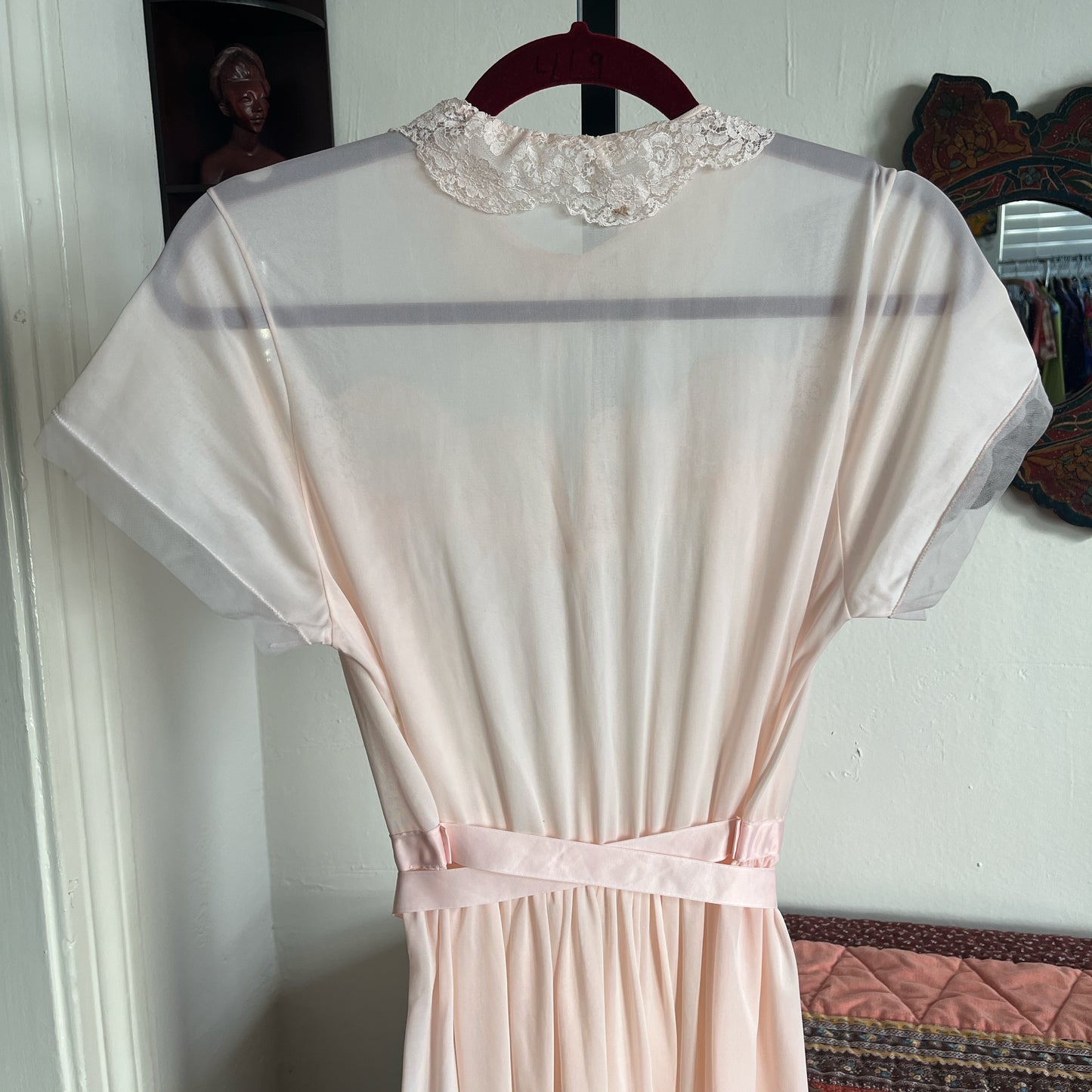 Vintage Light Pink Semi-Sheer Nylon Maxi Dress w Dainty Lace Collar Ⓜ⃝