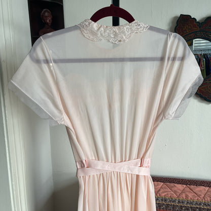 Vintage Light Pink Semi-Sheer Nylon Maxi Dress w Dainty Lace Collar Ⓜ⃝